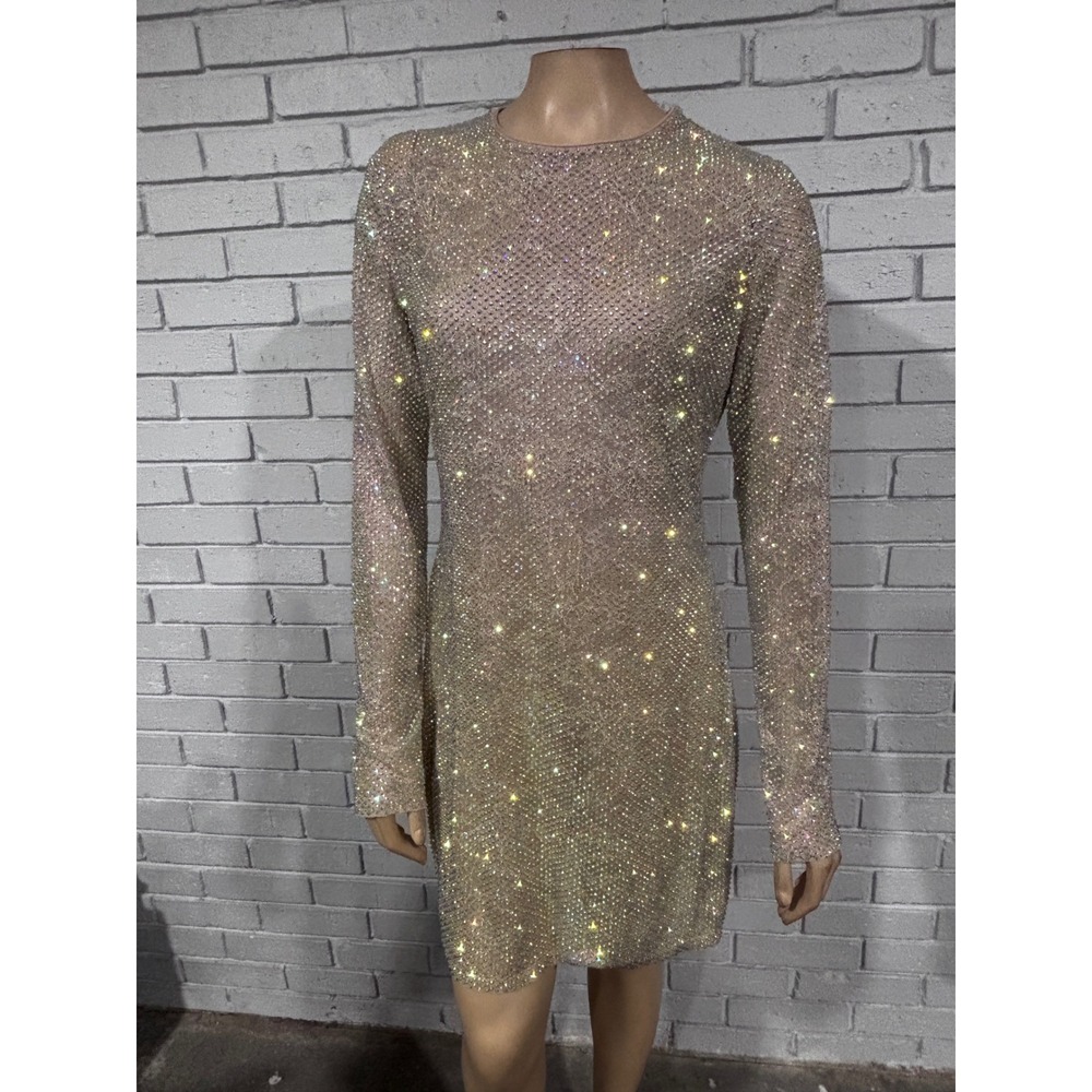 Stella McCartney x H&M Rhinestone Mesh Mini Dress Long Sleeve Beige Gold Large